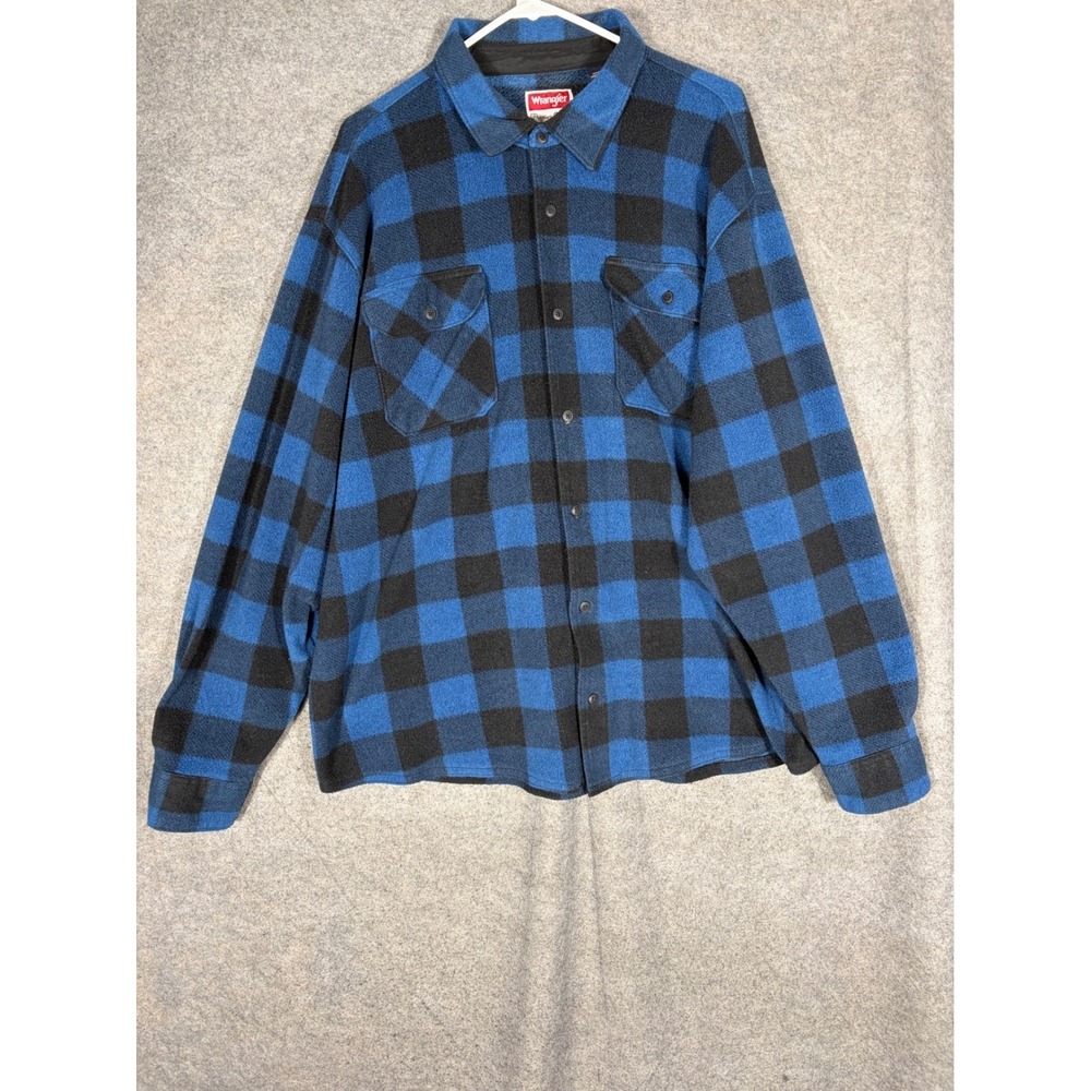 Wrangler Mens 2XL Fleece Shirt Blue Black Buffalo Plaid Button Down HZP1DHN